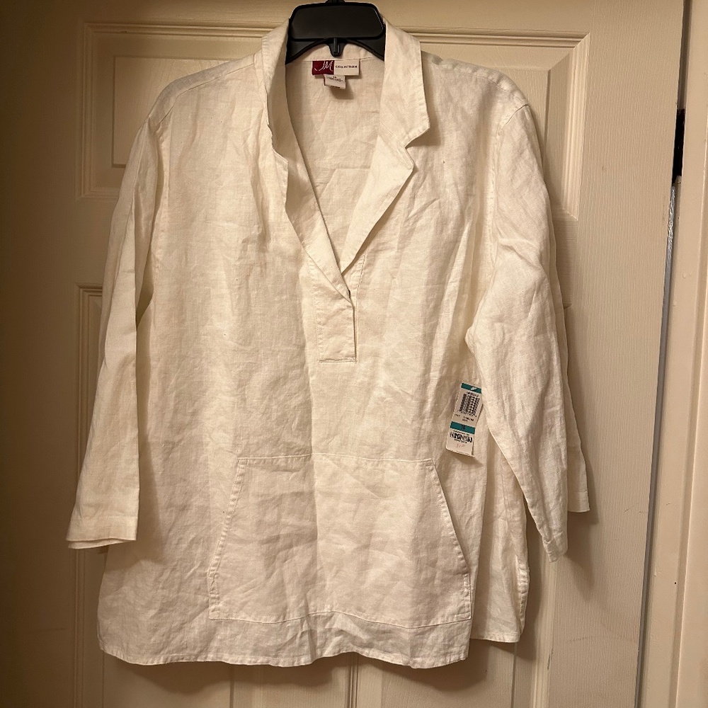 JM Collection || Size 16 || 100% Linen || White 3/4 Inch Sleeve Blouse || NWT